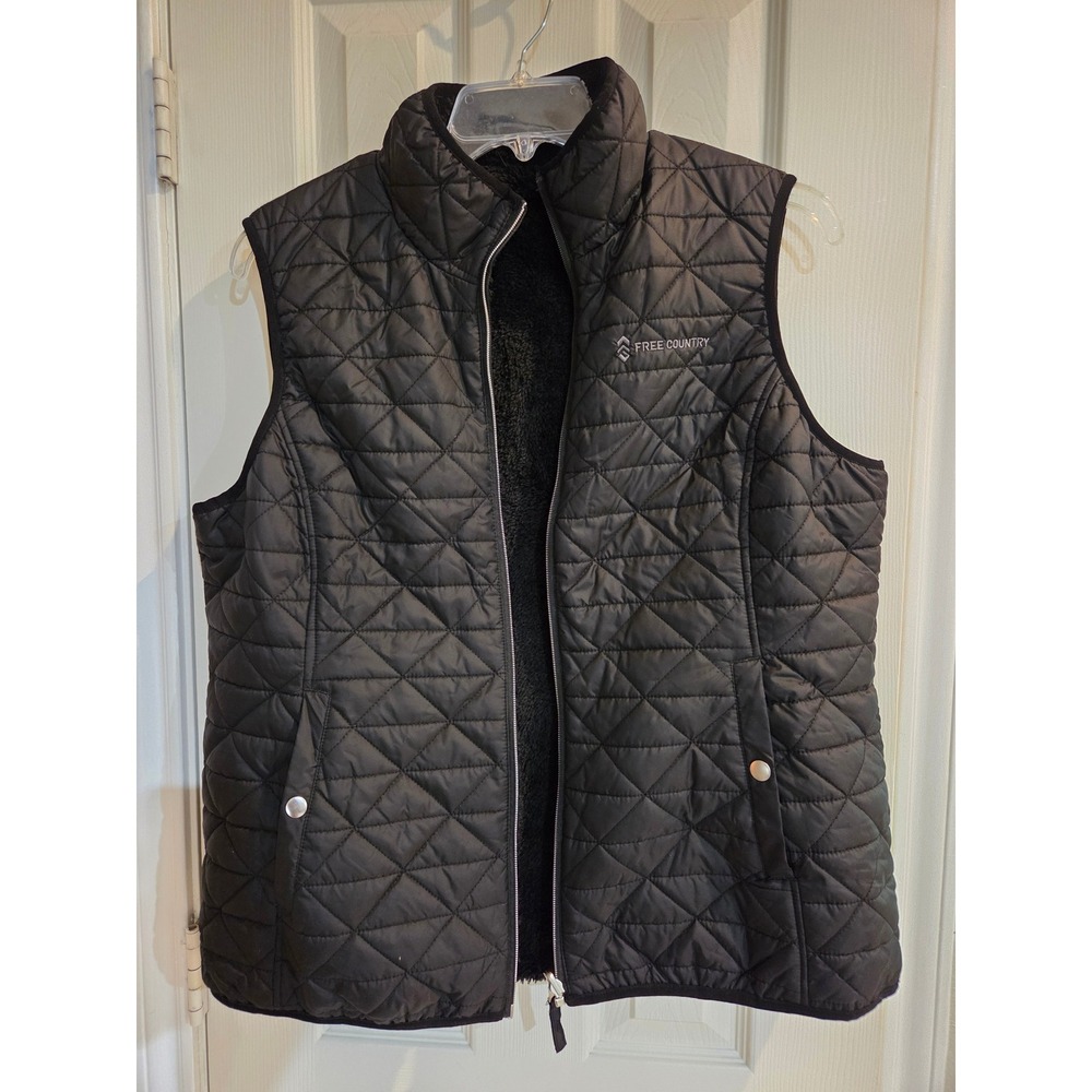 Free Country Womens XL Black Quilted Faux Fur Lined Puffer Vest Full Zip Pockets
